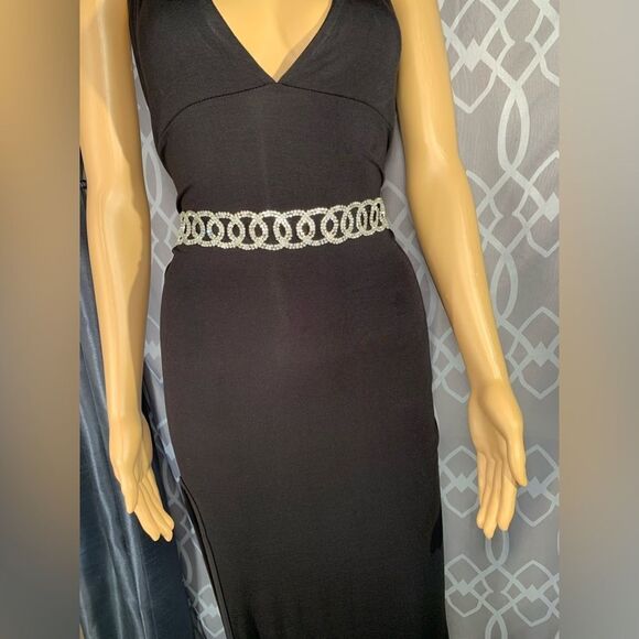 SHEIN S:XXL Black Long Halter Dress With Slit & Rhinestone Link adjustable Belt - Picture 4 of 9